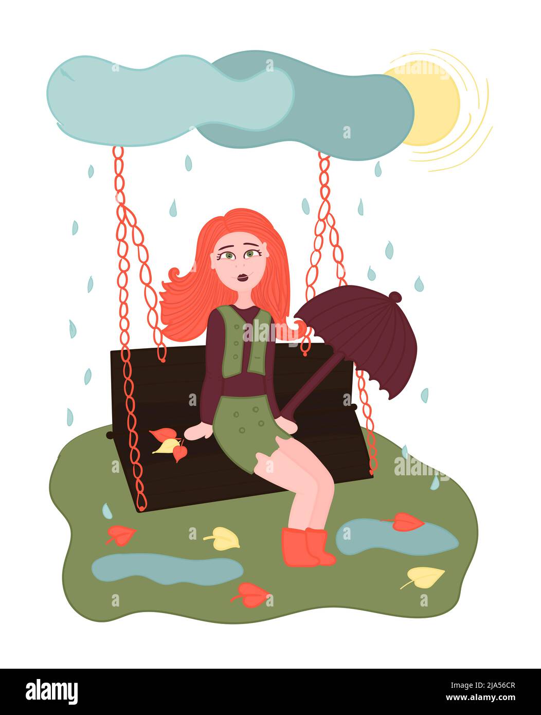 Autumn readhead girl on a swing, illustration Stock Vector