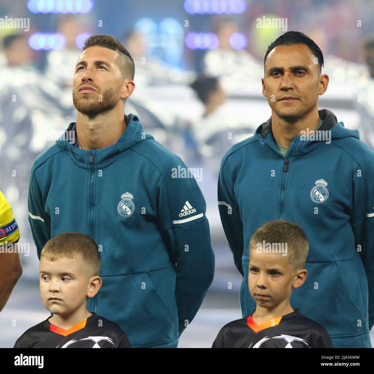 KYIV, UKRAINE - MAY 26, 2018: Real Madrid players (Sergio Ramos and Keylor Navas) listen to Champions League Anthem before the UEFA Champions League Final 2018 game against Liverpool Stock Photo
