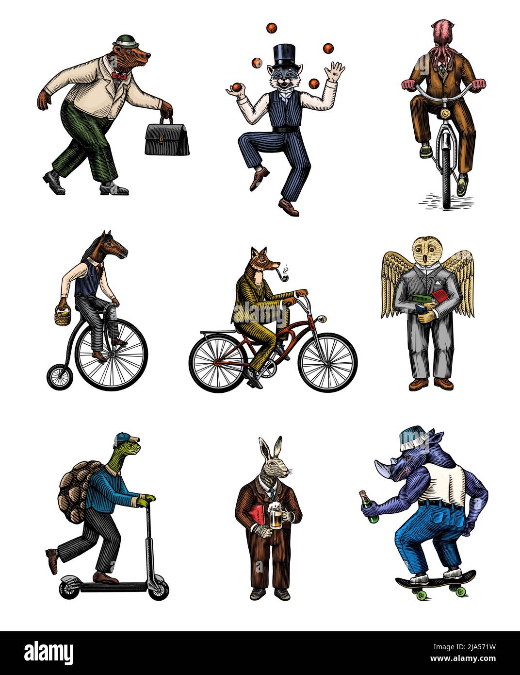 Fox on a bicycle, Cat juggler, turtle on a scooter. Bear, horse, hare ...