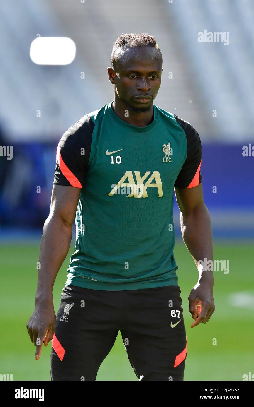Paris, France. 27th May, 2022. Sadio Mane (10) of Liverpool seen during a training session before the UEFA Champions League final between Liverpool and Real Madrid at the Stade de France in Paris. (Photo Credit: Gonzales Photo/Alamy Live News Stock Photo