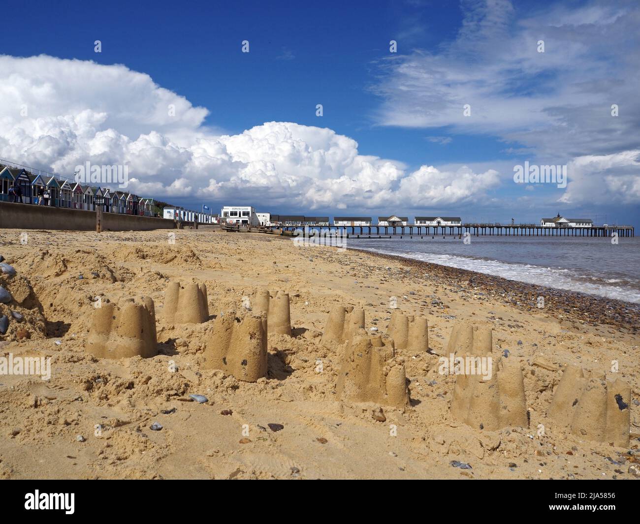 Sandcastles on the beach at Southwold, a seaside town in Suffolk. Stock Photo