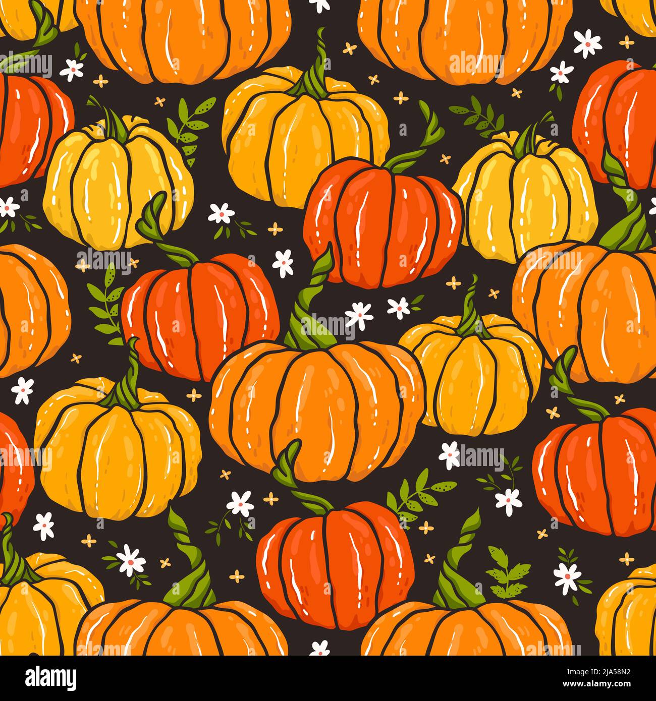 Cute hand drawn pumpkin horizontal seamless pattern, hand drawn