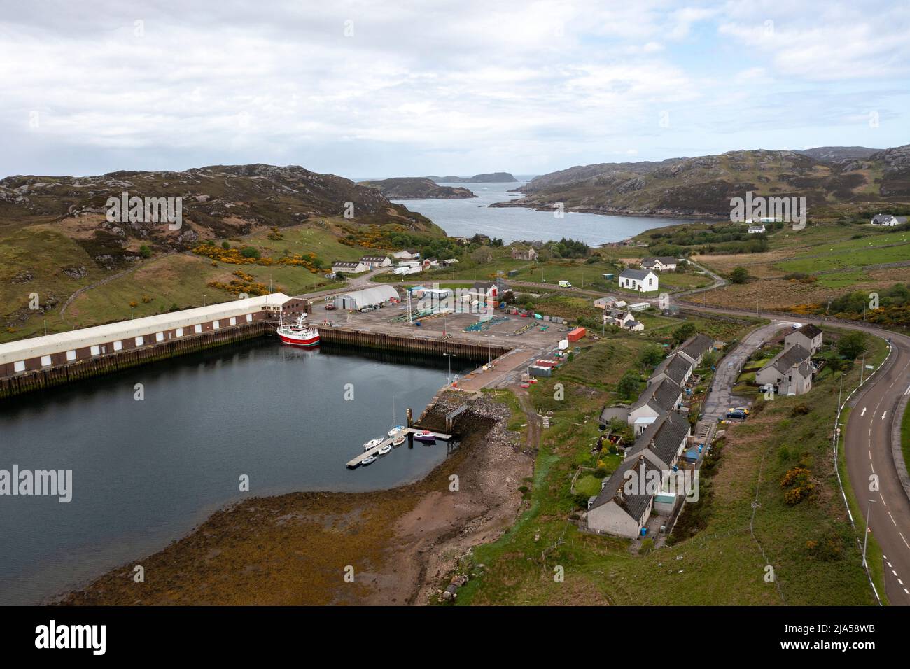 Aerial view of Kinlochbervie harbour, North West Sutherland, Scotland