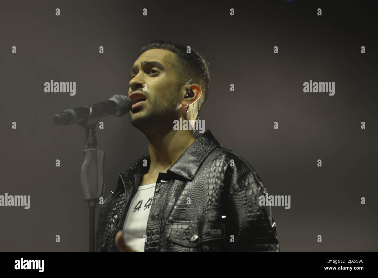 Alessandro Mahmoud, known professionally as Mahmood, is an Italian singer-songwriter. He rose to prominence after competing on the sixth season of the Italian version of The X Factor. He has won the Sanremo Music Festival twice, in 2019 with the song 'Soldi' and in 2022 alongside Blanco with the song 'Brividi'. His Sanremo victories allowed him to represent Italy at the Eurovision Song Contest in those respective years, finishing in second place in 2019 and in sixth place in 2022 as the host entrant. Mahmood has released two studio albums, Gioventù bruciata and Ghettolimpo, both of which reach Stock Photo