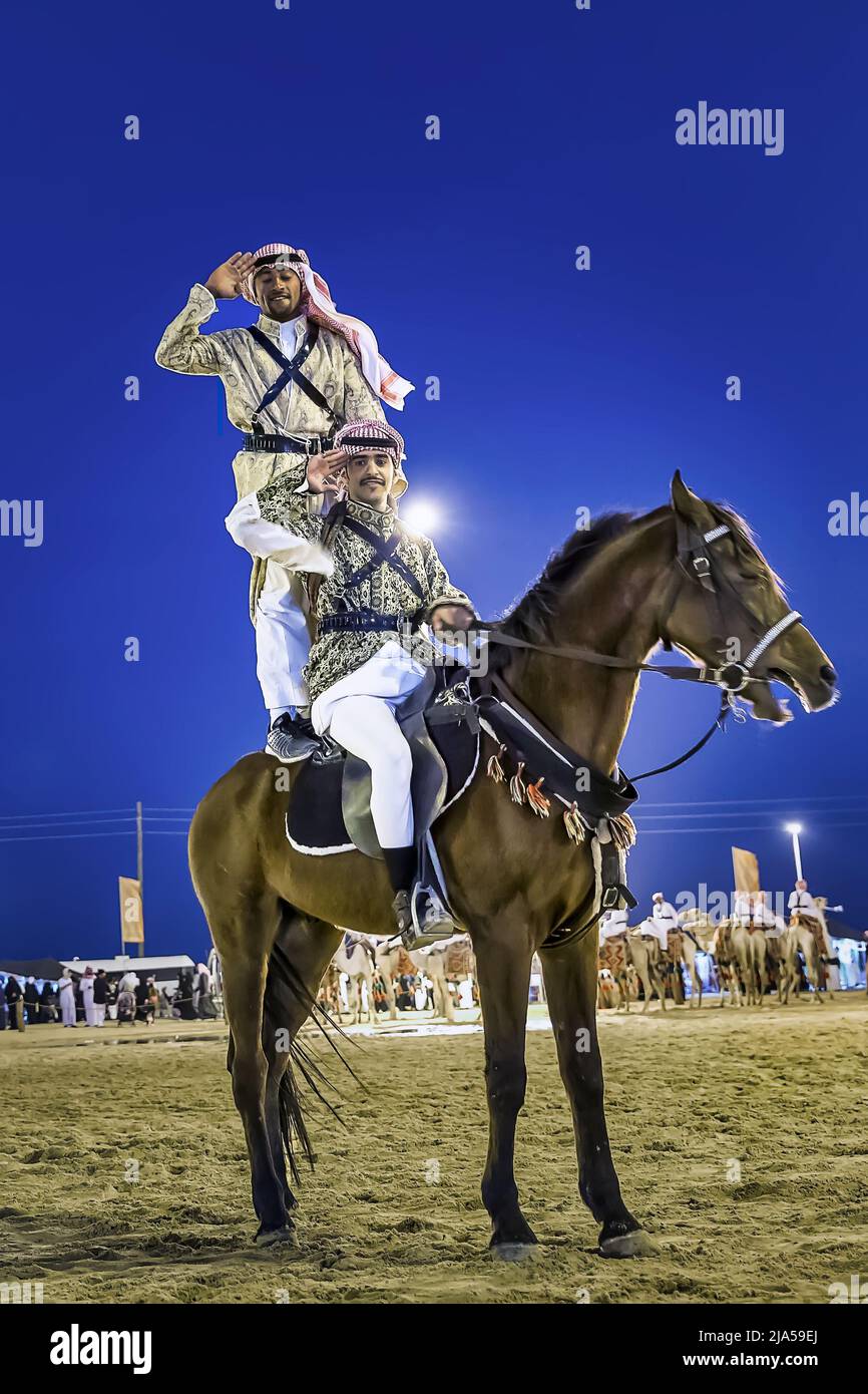 Saudi Arab Horse rider on traditional desert safari festival in abqaiq Saudi Arabia. Stock Photo
