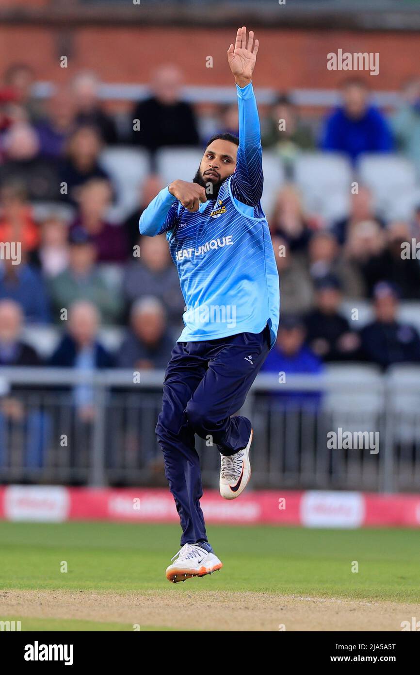 Manchester, UK. 27th May, 2022. Adil Rashid of Yorkshire Vikings comes ...