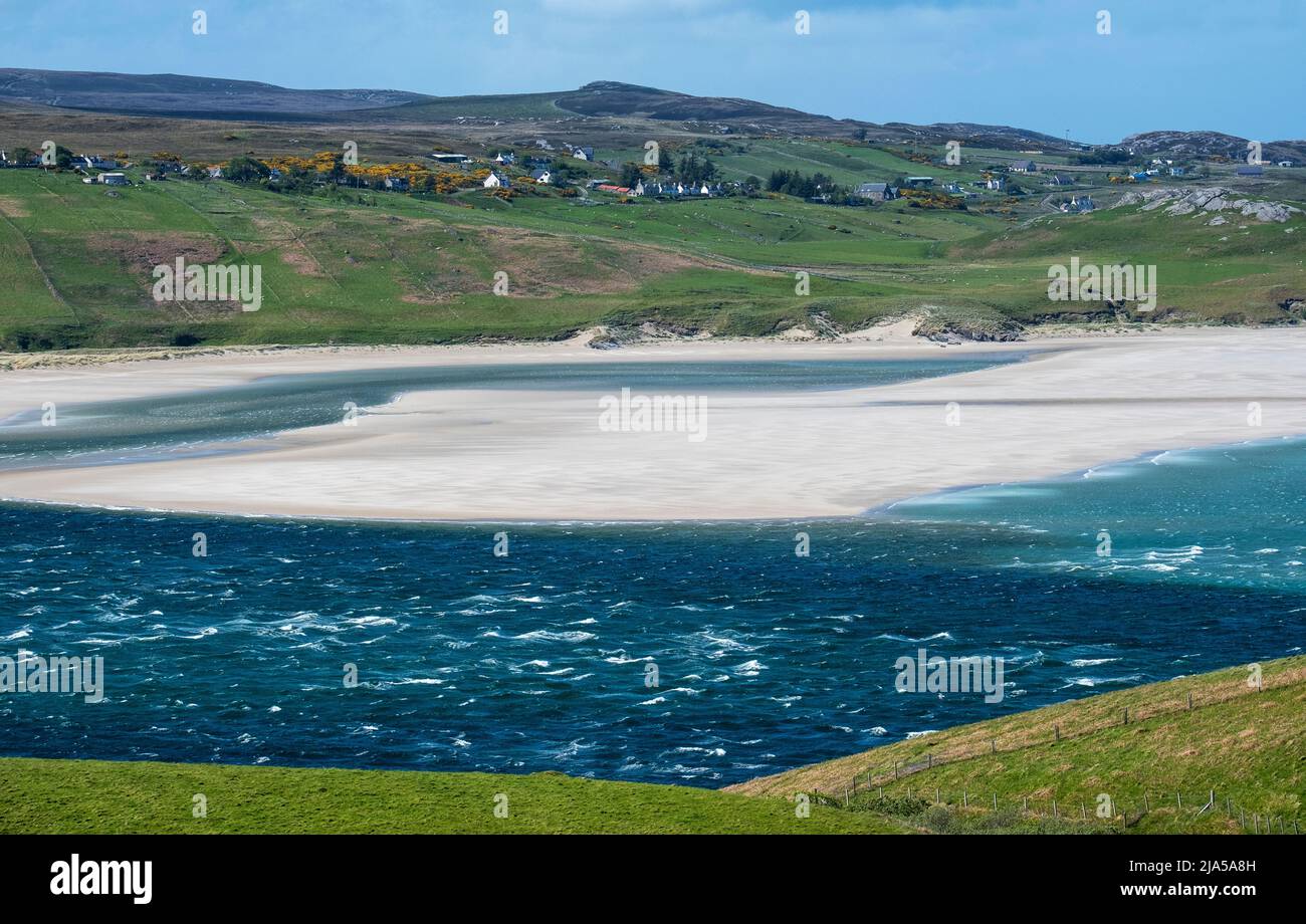 A view from the A838 North Coast 500 across the Kyle of Tongue, Sutherland, Scotland. Stock Photo