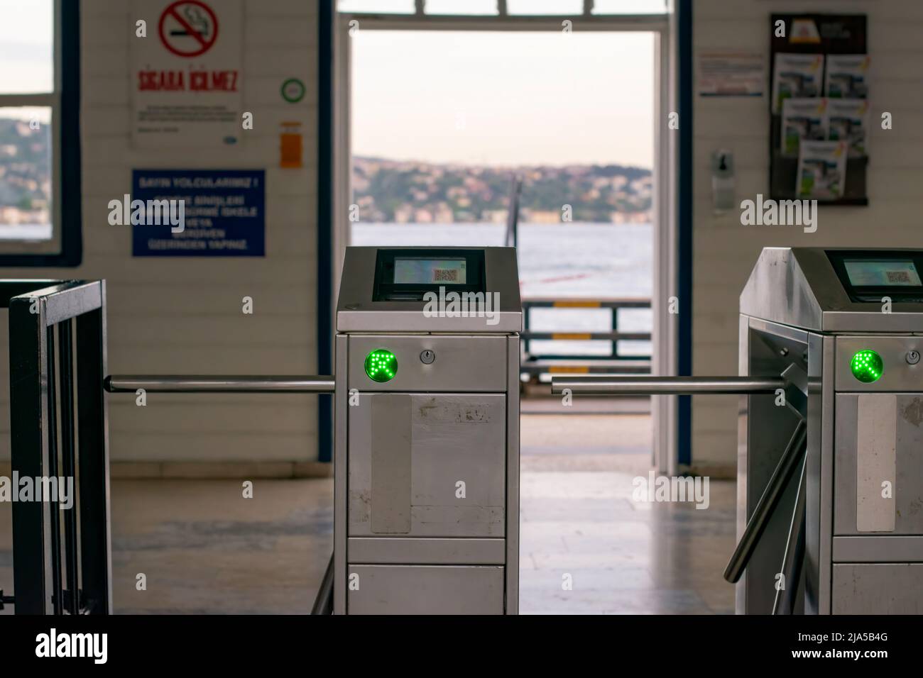 Arnavutkoy, Istanbul - Turkey - May 24, 2022: Paid turnstiles for ferry boarding at Arnavutköy Pier, akbil pass for sea transportation in Istanbul. Stock Photo