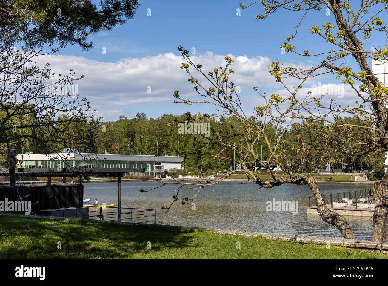 People enjoying water on an artificial bay of water in Espoo Stock Photo