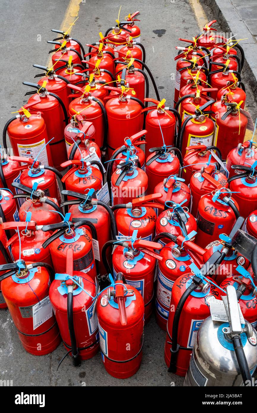 Fire Extinguishers In The Street, Lima, Peru. Stock Photo