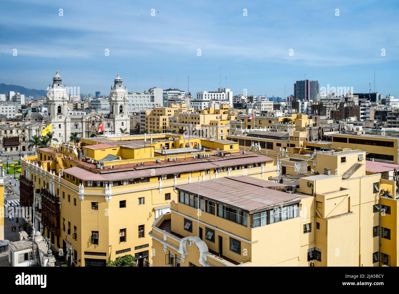 A View Of The Lima Skyline Towards The Plaza De Armas From The Bell Tower Of The Santo Domingo Convent, Lima, Peru. Stock Photo