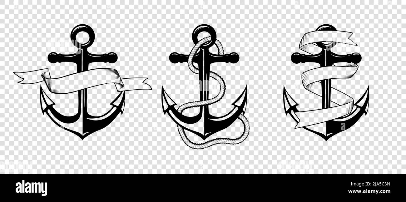 Vector Hand drawn Anchor Icon Set Isolated. Design Template for Tattoos, Tshirt, Logo, Labels. Anchor with Ribbon, Rope. Antique Vintage Marine Stock Vector