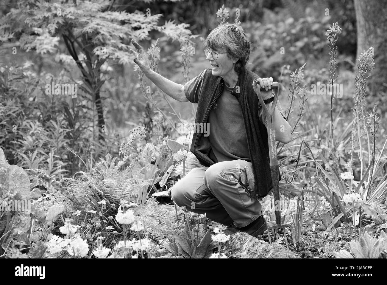 Female gardener on her haunches leaning on fork while explaining something to a passerby Stock Photo