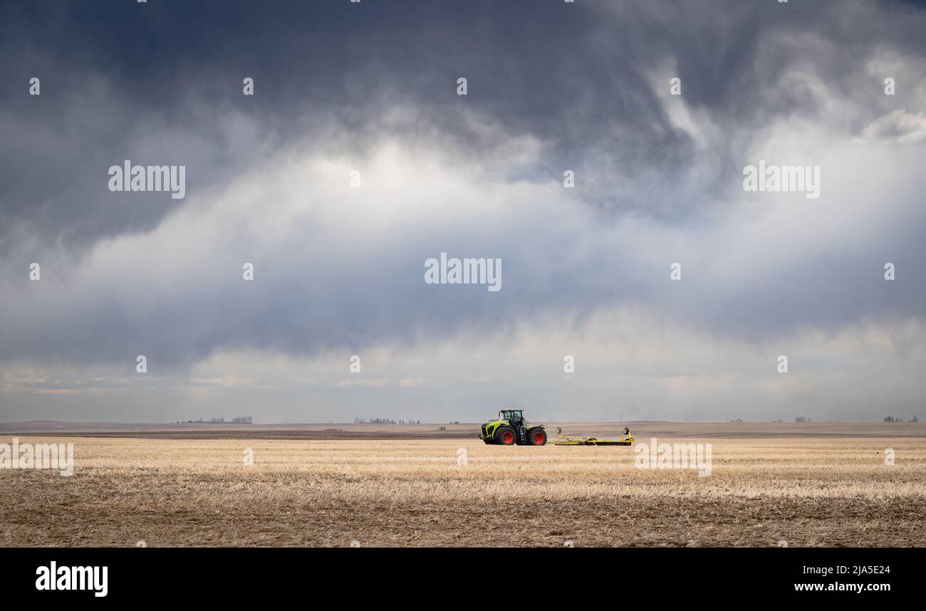 A tractor plowing a wheat field under a dramatic stormy sky on the Canadian prairies in Rocky View County Alberta Canada. Stock Photo