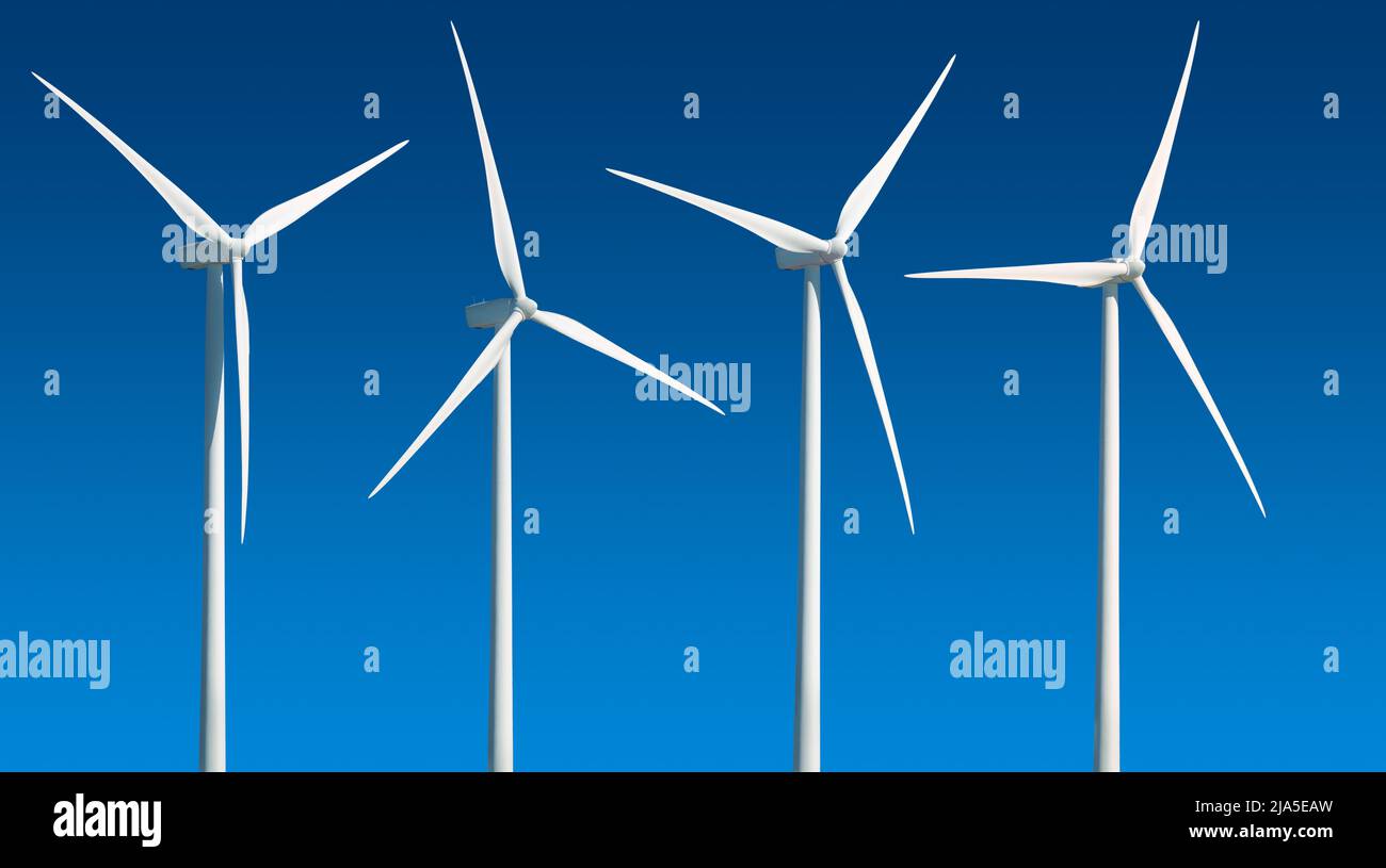 Wind turbines in a row isolated on blue gradient background Stock Photo