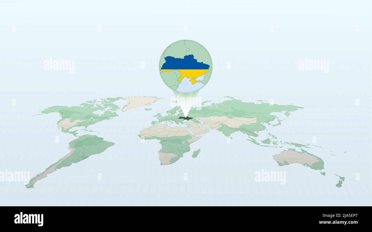World map in perspective showing the location of the country Ukraine with detailed map with flag 