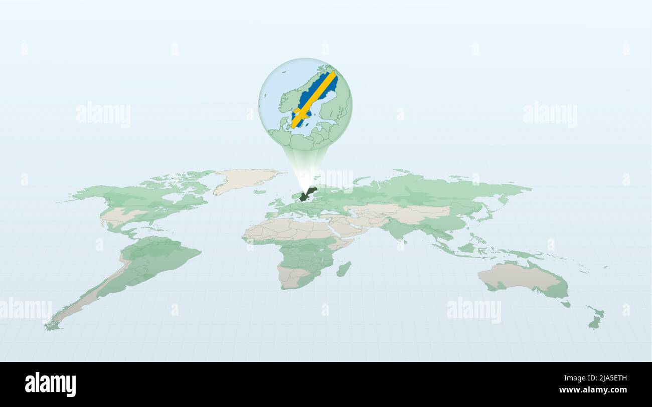 World Map In Perspective Showing The Location Of The Country Sweden World Map In Perspective Showing The Location Of The Country Sweden With Detailed Map With Flag Of Sweden Vector Illustration 2JA5ETH 