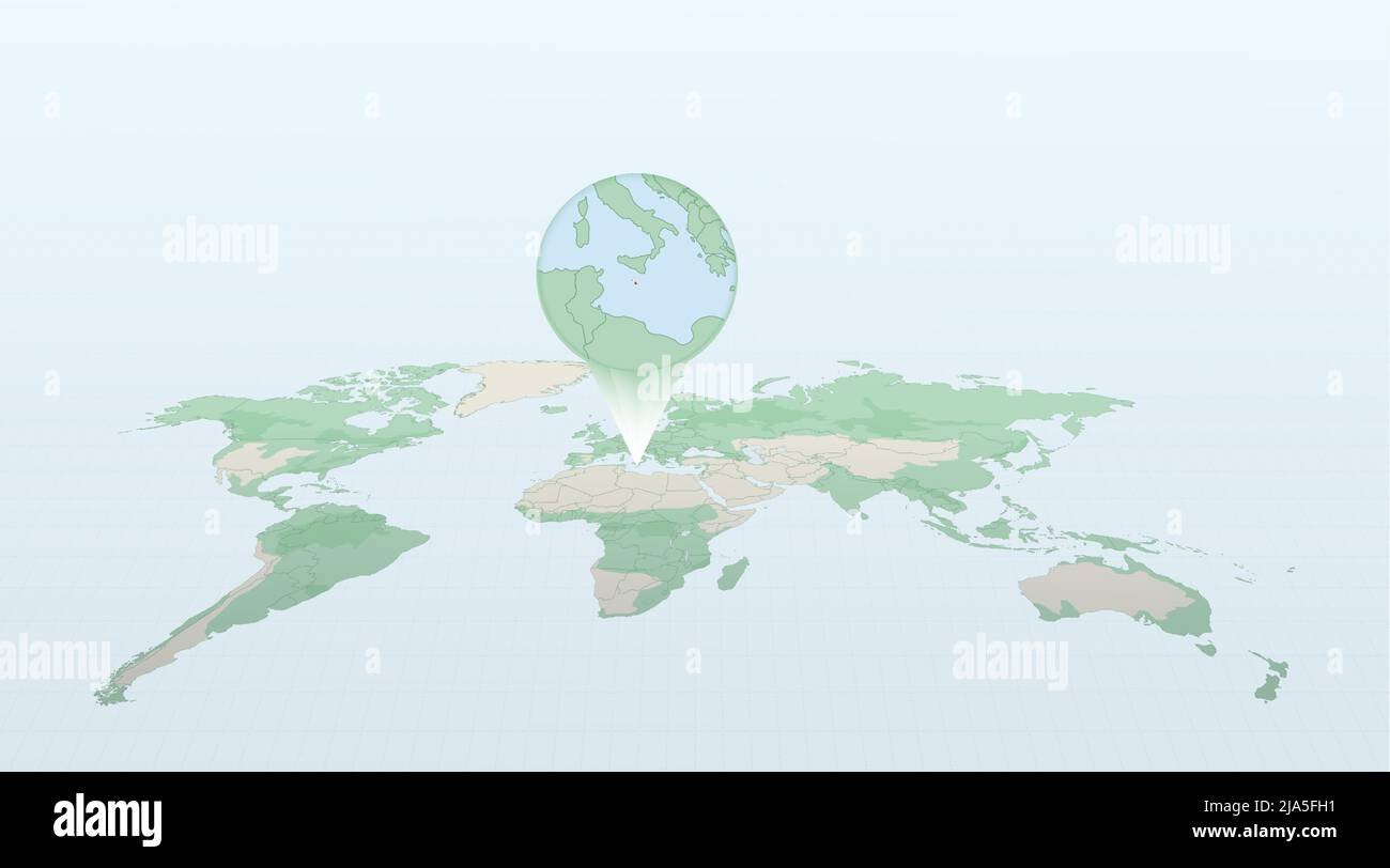 World map in perspective showing the location of the country Malta with detailed map with flag