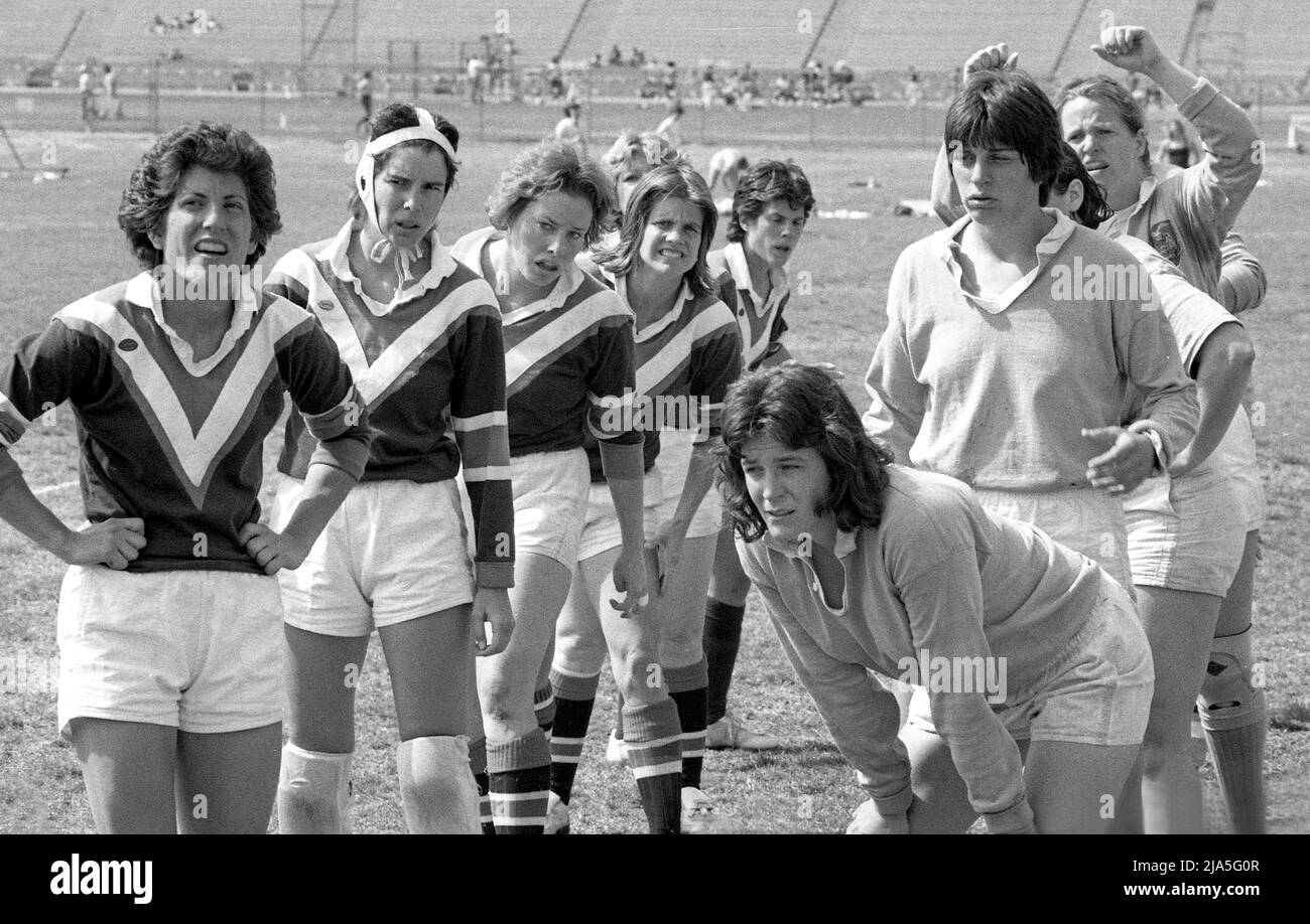 Women's Rugby team practicing at UCLA campus in Los Angeles, CA Stock Photo