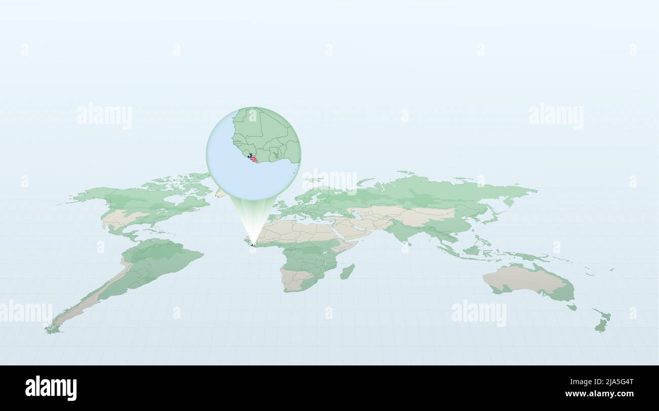 World Map In Perspective Showing The Location Of The Country Liberia World Map In Perspective Showing The Location Of The Country Liberia With Detailed Map With Flag Of Liberia Vector Illustration 2JA5G4T