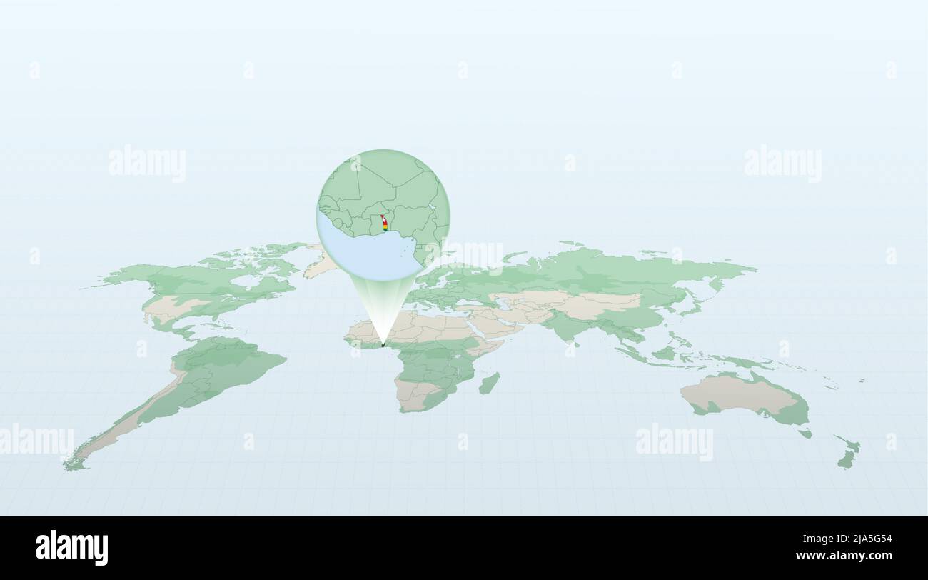 World map in perspective showing the location of the country Togo with
