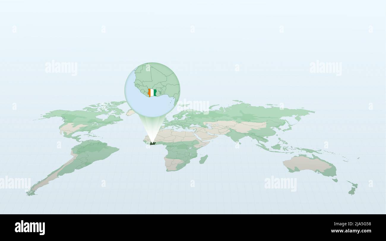 World map in perspective showing the location of the country Ivory