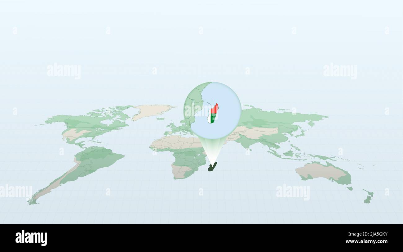 World map in perspective showing the location of the country Madagascar ...