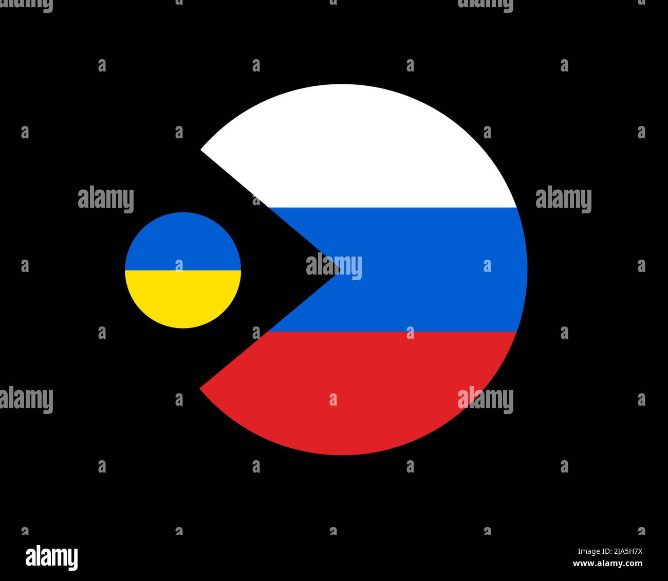 Small Ukraine is seized and captured by large Russia - Russian occupation, annexation of country and nation. Vector illustration isolated on black. Stock Photo