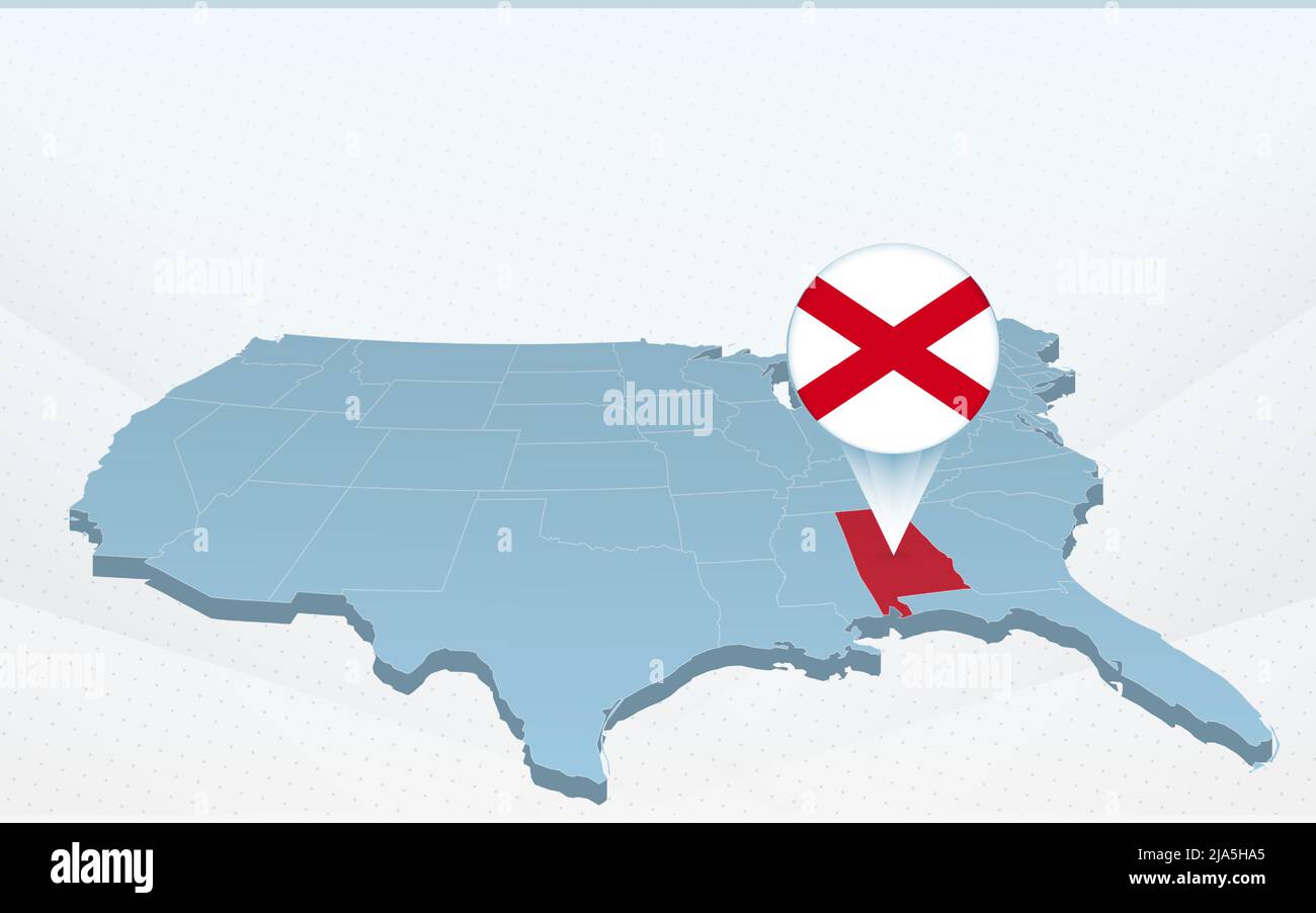 Alabama state map on United States of America map in perspective