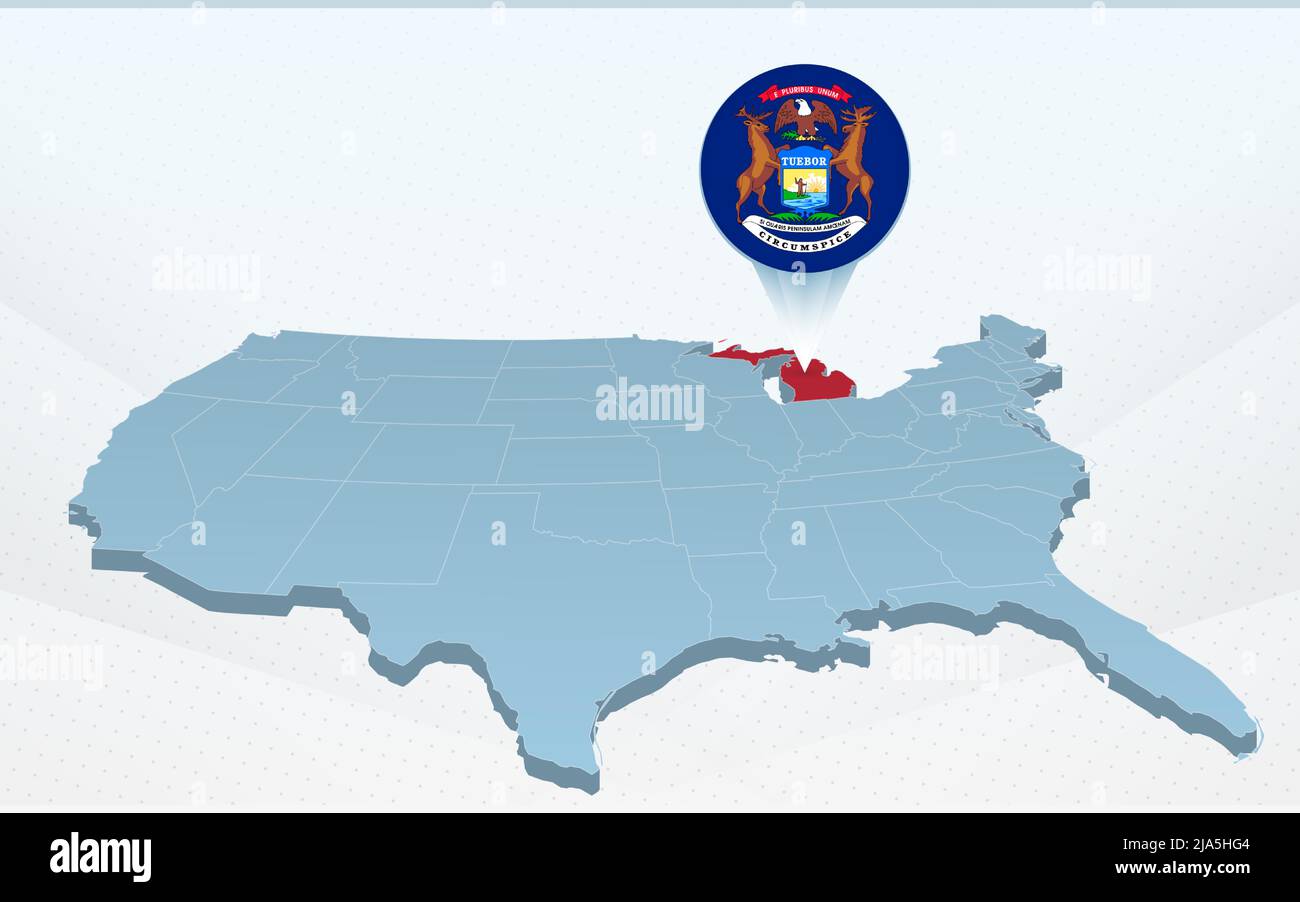 Michigan state map on United States of America map in perspective