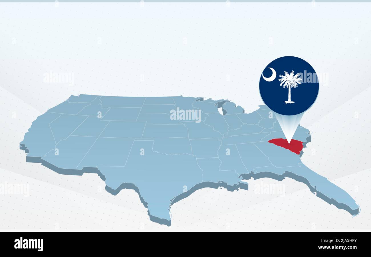 South Carolina state map on United States of America map in perspective. Vector presentation. Stock Vector