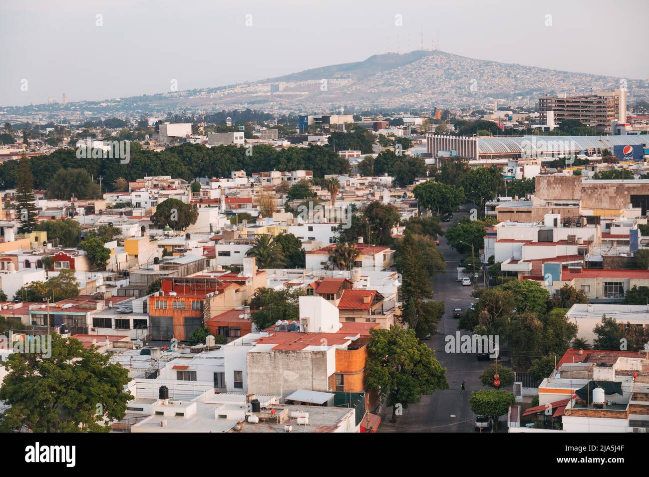 rectangular, concrete homes in the residential suburb of Jardines del Bosque, Guadalajara, Mexico on a peaceful evening Stock Photo
