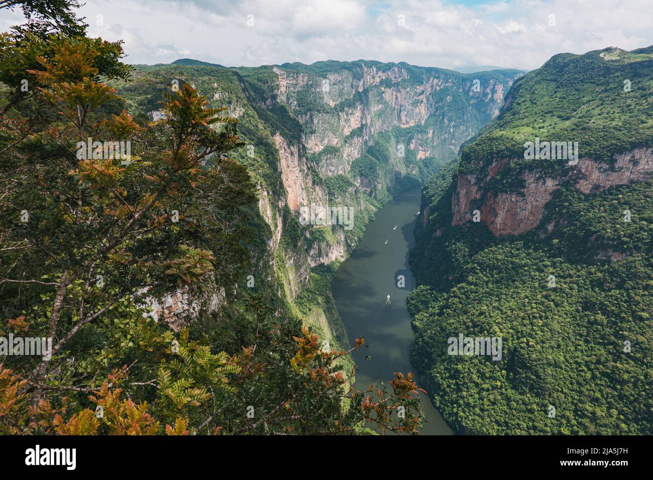 boats carry tourists up and down the Grijalva River through Sumidero Canyon, a deep natural canyon in Chiapas state, Mexico Stock Photo