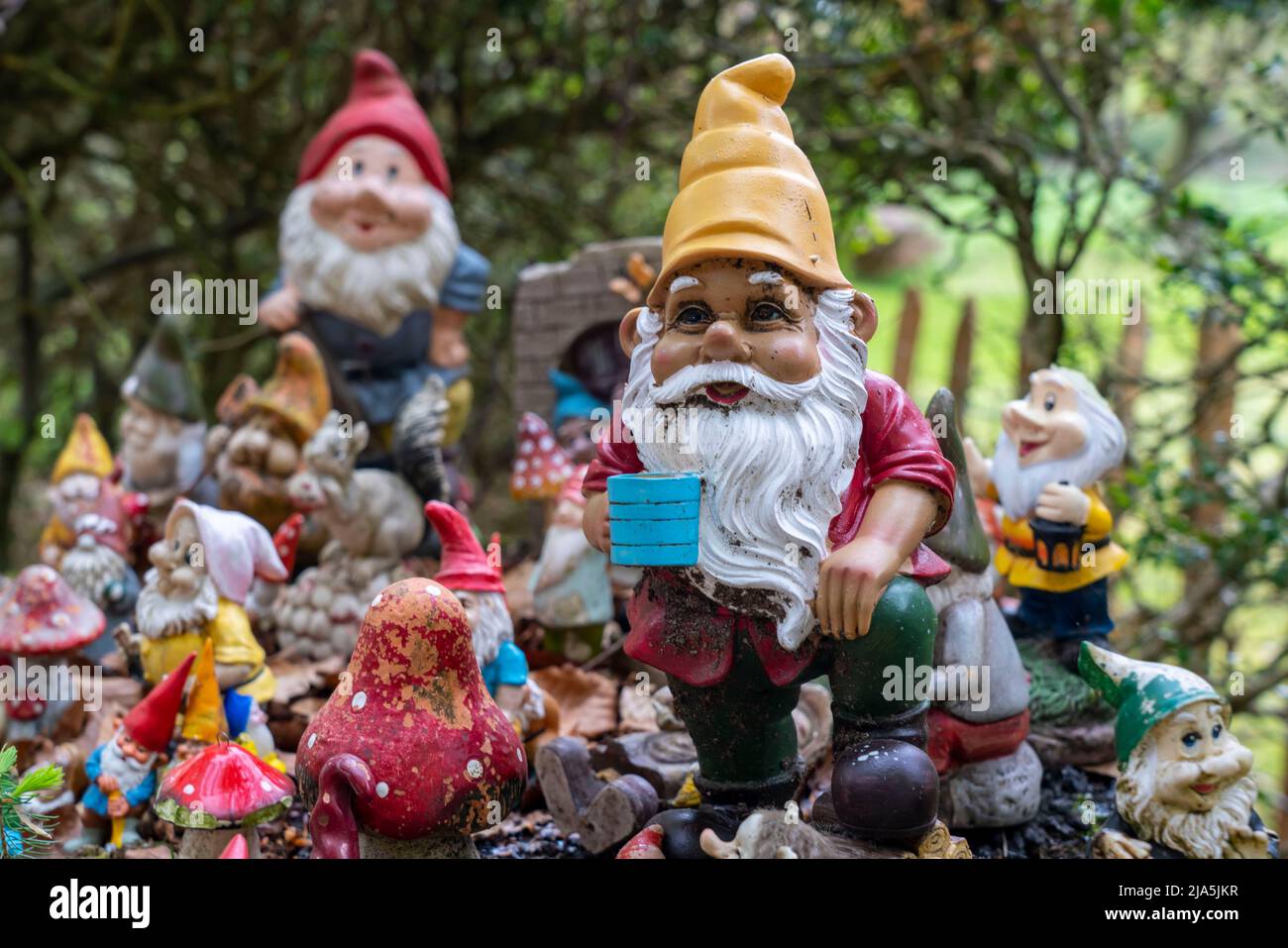 Collection of garden gnomes, in front of a private house, near Arnhem, the Netherlands, Stock Photo