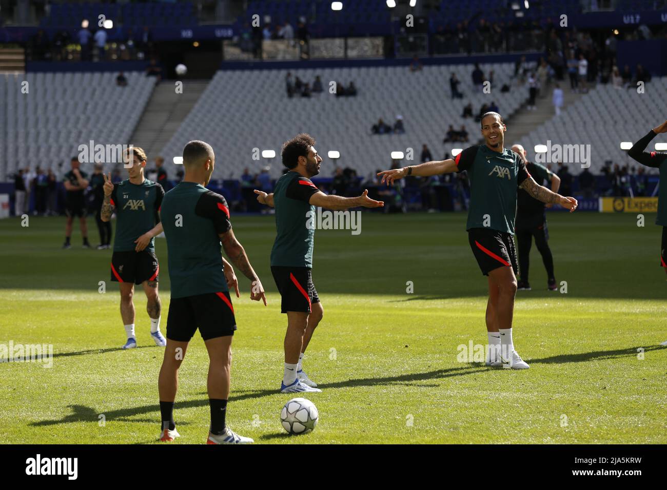 Mohamed Salah and Virgil Van Dijik during the Liverpool training in Paris Saint Denis stadium before final champions league 2022. Stock Photo