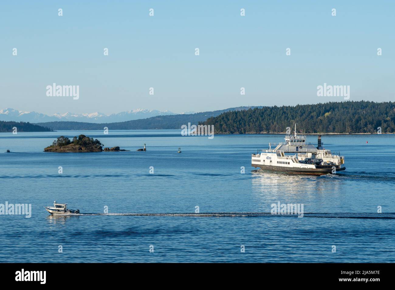 Victoria, British Columbia, Canada - April 14 2021 : BC Ferries, Swartz Bay, Southern Gulf Islands, Strait of Georgia. Stock Photo