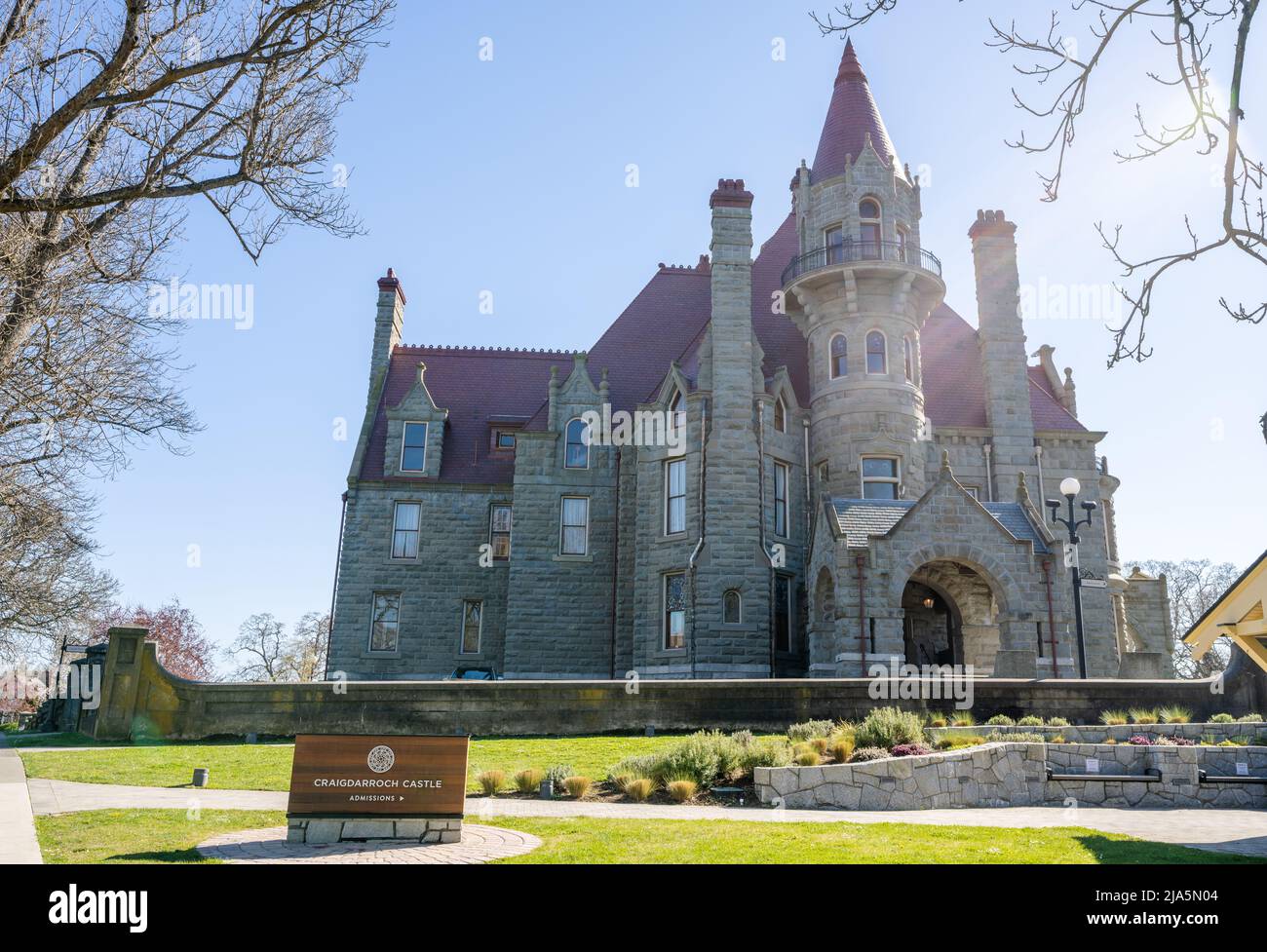Victoria, BC, Canada - April 14 2021 : Craigdarroch Castle front view. Craigdarroch National Historic Site of Canada. Stock Photo