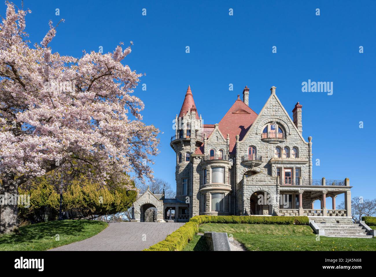 Craigdarroch Castle exterior with full bloom cherry blossom during springtime season. Victoria, BC, Canada. Stock Photo