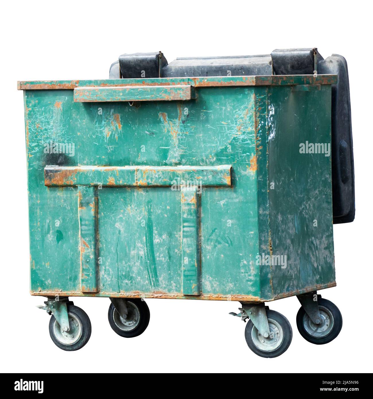 An old and rusty wheeled trash can. Isoleted Stock Photo