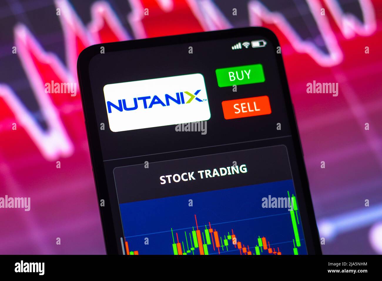 In this photo illustration the stock trading graph of nutanix seen on a