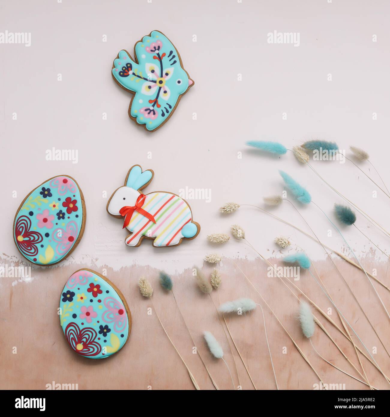 Gingerbread in shape of easter bunny, bird and easter eggs Stock Photo