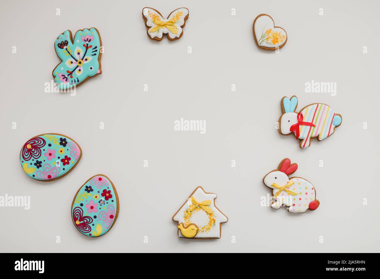 Gingerbread in shape of easter bunny, bird and easter eggs Stock Photo
