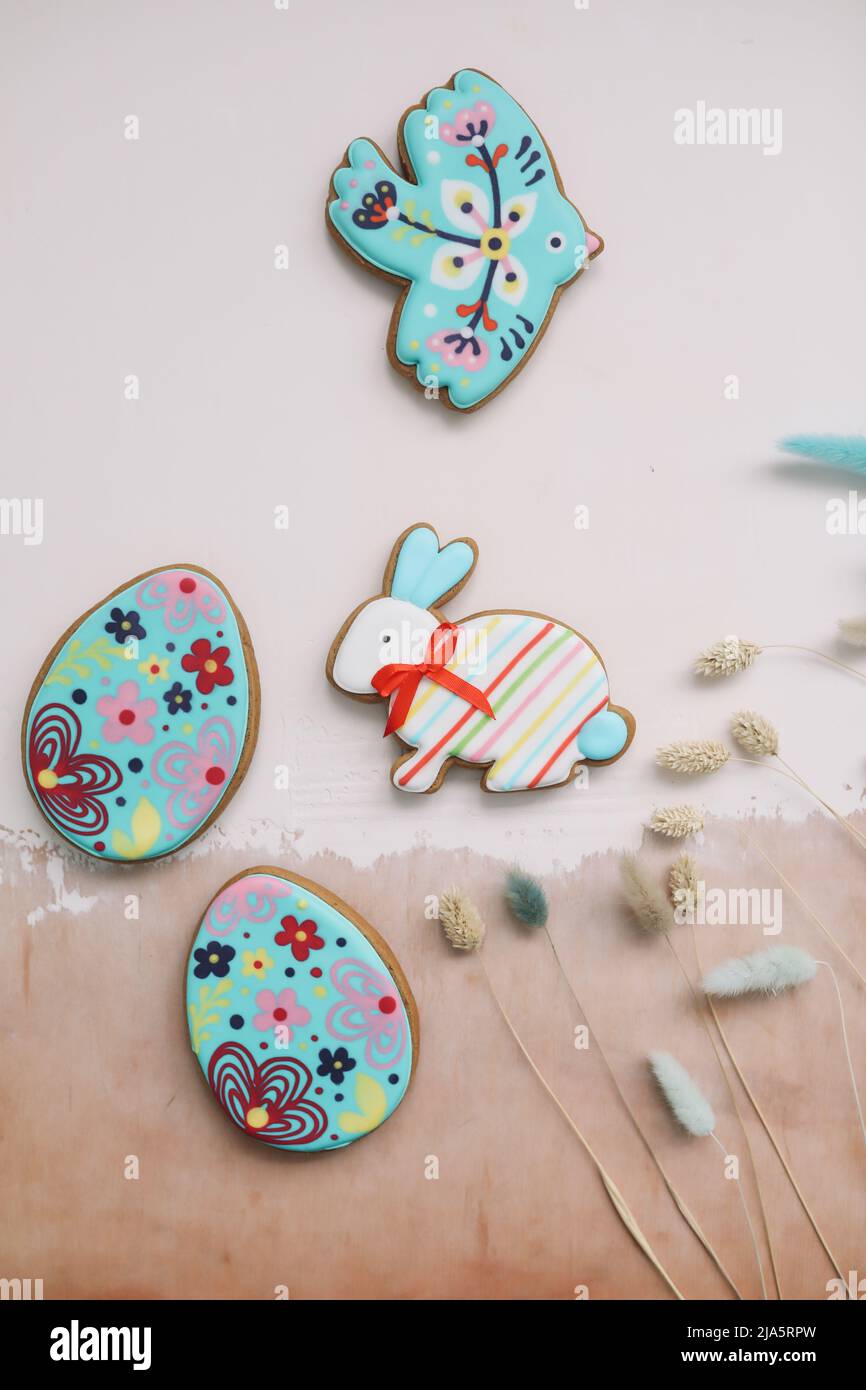 Gingerbread in shape of easter bunny, bird and easter eggs Stock Photo