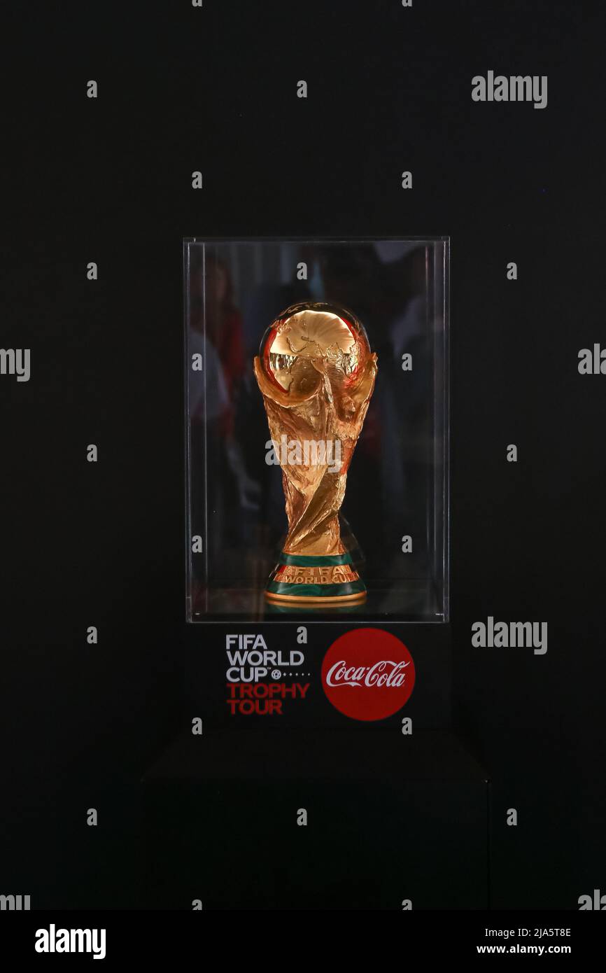 The FIFA World Cup trophy seen on display at the Kenyatta International Convention Centre during the public viewing event. The Worldwide tour of the FIFA world cup trophy will cover at least 22 countries, including Kenya. Stock Photo