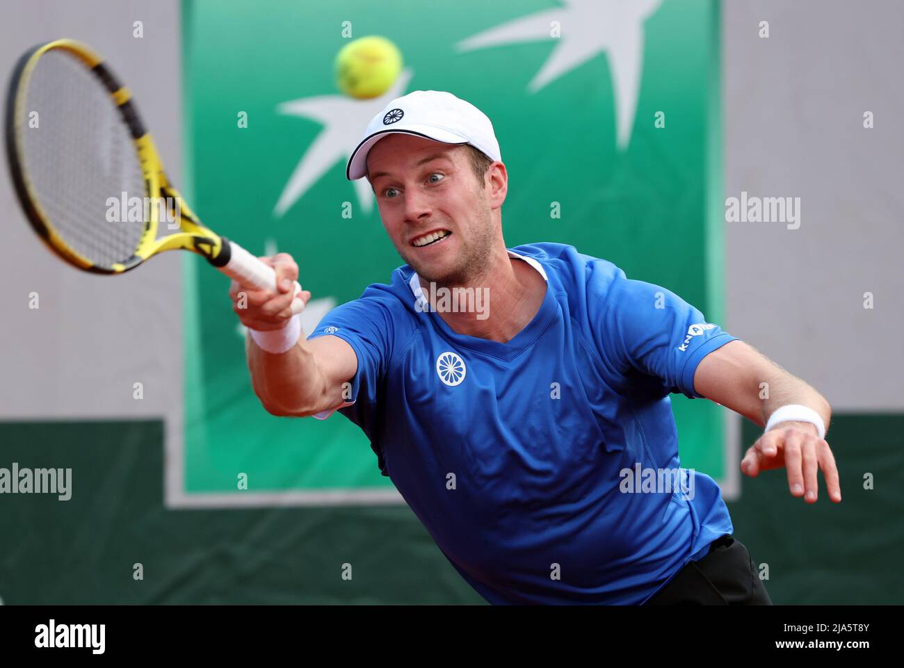 Paris, France. 27th May, 2022. Dutch Botic Van de Zandschulp plays against  Spanish Rafael Nadal during their French Tennis Open match at Roland Garros  near Paris, France, on Friday May 27, 2022.