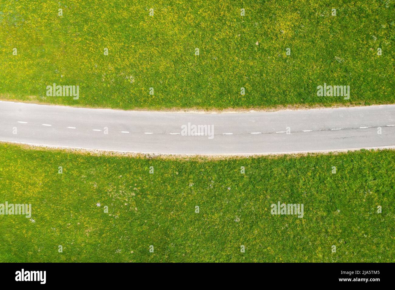 Aerial view of empty road in green meadows at sunny day Stock Photo