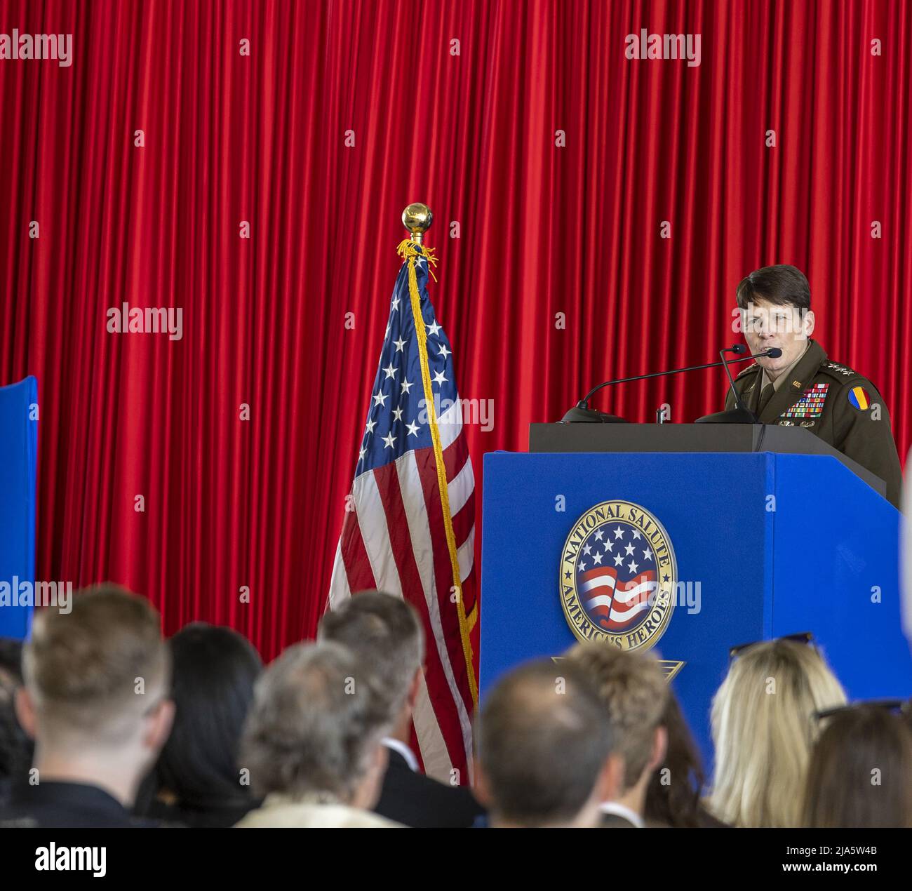 US Army LT. General Maria Gervais performs the enlistment swearing in ceremony for new servicemen and women at the Hyundai Air & Sea Show media day at the US Coast Guard Air Station in Miami, Florida on Friday, May 27, 2022. The Miami Memorial Day air and sea show will feature the US Army HH-60 Black Hawk, USAF A-10 Thunderbolt II, USAF B-52 Bomber, USAF C-130 Hercules, USAF C-17 Global Master III, USAF C-5 Galaxy, USAF CH-53 Sea Stallion, F-15 Eagle, USAF F-16 Fighting Falcon, USAF KC-135 Stratotanker, USN F-18 Rhino and a show by the Army Golden Knights parachute jump team. Photo By Gary I R Stock Photo