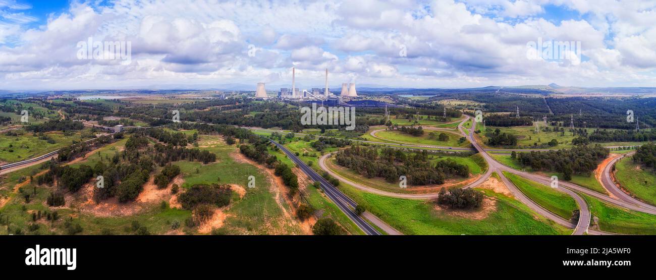 Bayswater power station in Hunter valley Muswellbrook of Australia - aerial panorama along New England highway Stock Photo