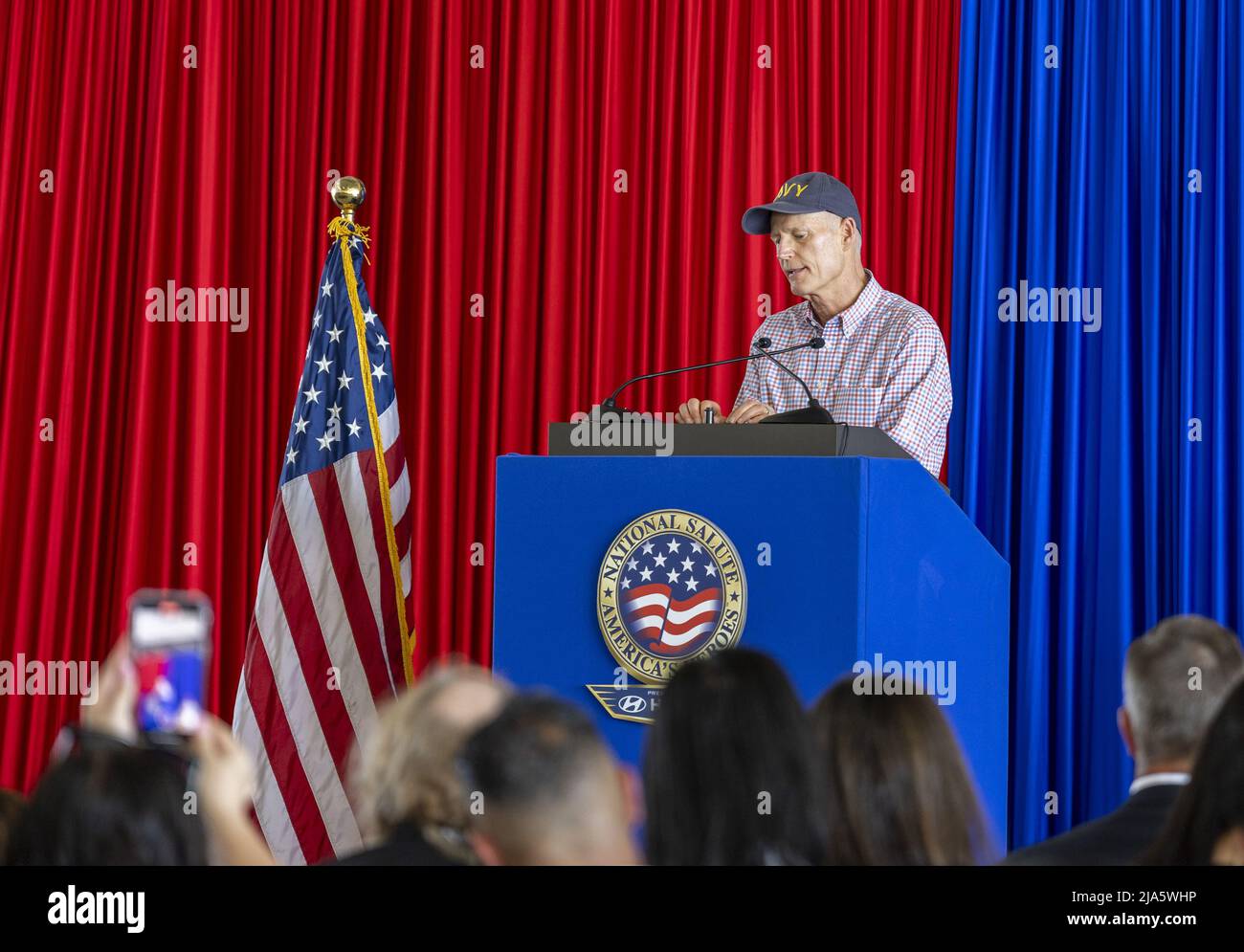 U.S. Senator Rick Scott talks to visitors and the media at the Hyundai Air & Sea Show media day at the US Coast Guard Air Station, Miami, Florida, on Friday, May 27, 2022. The Miami Memorial Day air and sea show will feature the US Army HH-60 Black Hawk, USAF A-10 Thunderbolt II, USAF B-52 Bomber, USAF C-130 Hercules, USAF C-17 Global Master III, USAF C-5 Galaxy, USAF CH-53 Sea Stallion, F-15 Eagle, USAF F-16 Fighting Falcon, USAF KC-135 Stratotanker, USN F-18 Rhino and a show by the Army Golden Knights parachute jump team. Photo By Gary I Rothstein/UPI Stock Photo