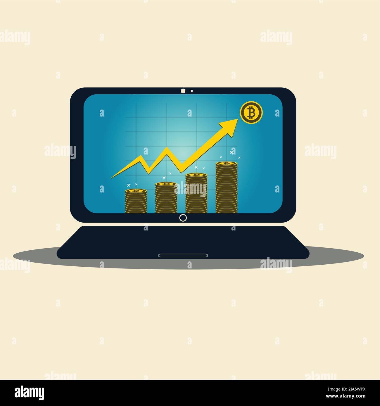 Business laptop concept symbol on-screen. Bitcoin gold icon for rowth chart on medal bitcoin background,Vector illustration Stock Vector